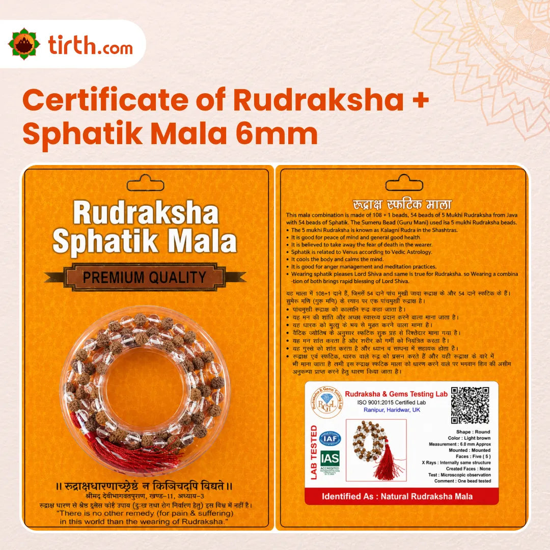 Natural Rudraksha + Sphatik Mala (5mm / 6mm / 7mm) – 108 Bead Rudraksha Crystal Jap Mala for Spiritual Protection & Energy Balance