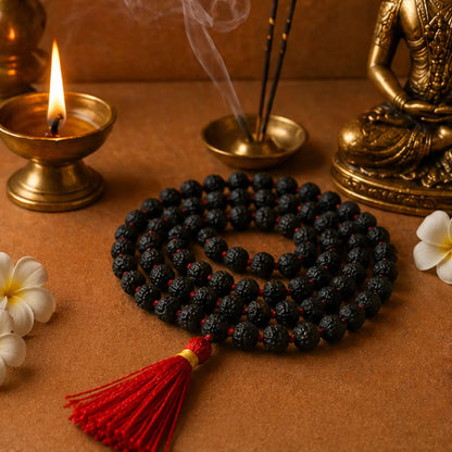 Black Rudraksha Mala (5mm, 6mm, 7mm, 8mm) – Natural Black Rudraksha Bead Mala for Protection, Grounding & Spiritual Discipline