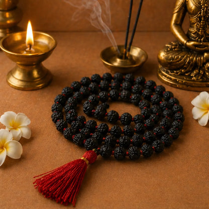 Black Rudraksha Mala (5mm, 6mm, 7mm, 8mm) – Natural Black Rudraksha Bead Mala for Protection, Grounding & Spiritual Discipline