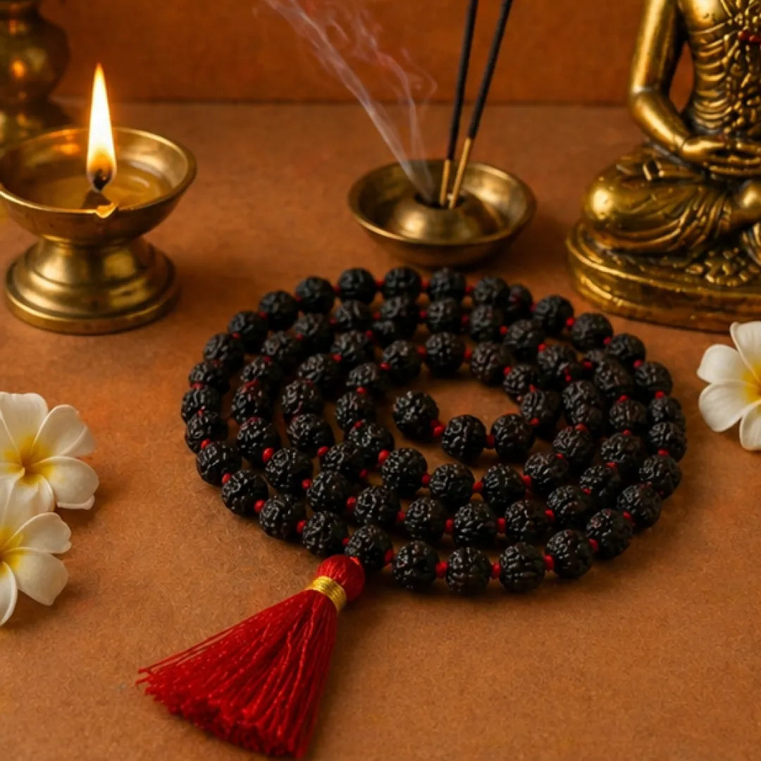 Black Rudraksha Mala (5mm, 6mm, 7mm, 8mm) – Natural Black Rudraksha Bead Mala for Protection, Grounding & Spiritual Discipline