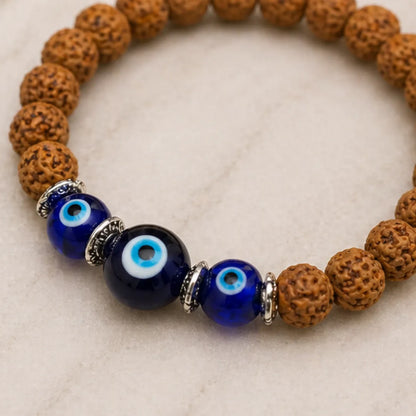 Rudraksha Evil Eye Bracelet – Natural Rudraksha Bracelet with Evil Eye Charm for Protection, Positivity & Spiritual Balance
