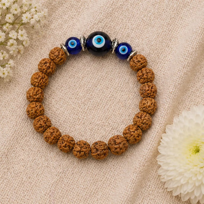 Rudraksha Evil Eye Bracelet – Natural Rudraksha Bracelet with Evil Eye Charm for Protection, Positivity & Spiritual Balance