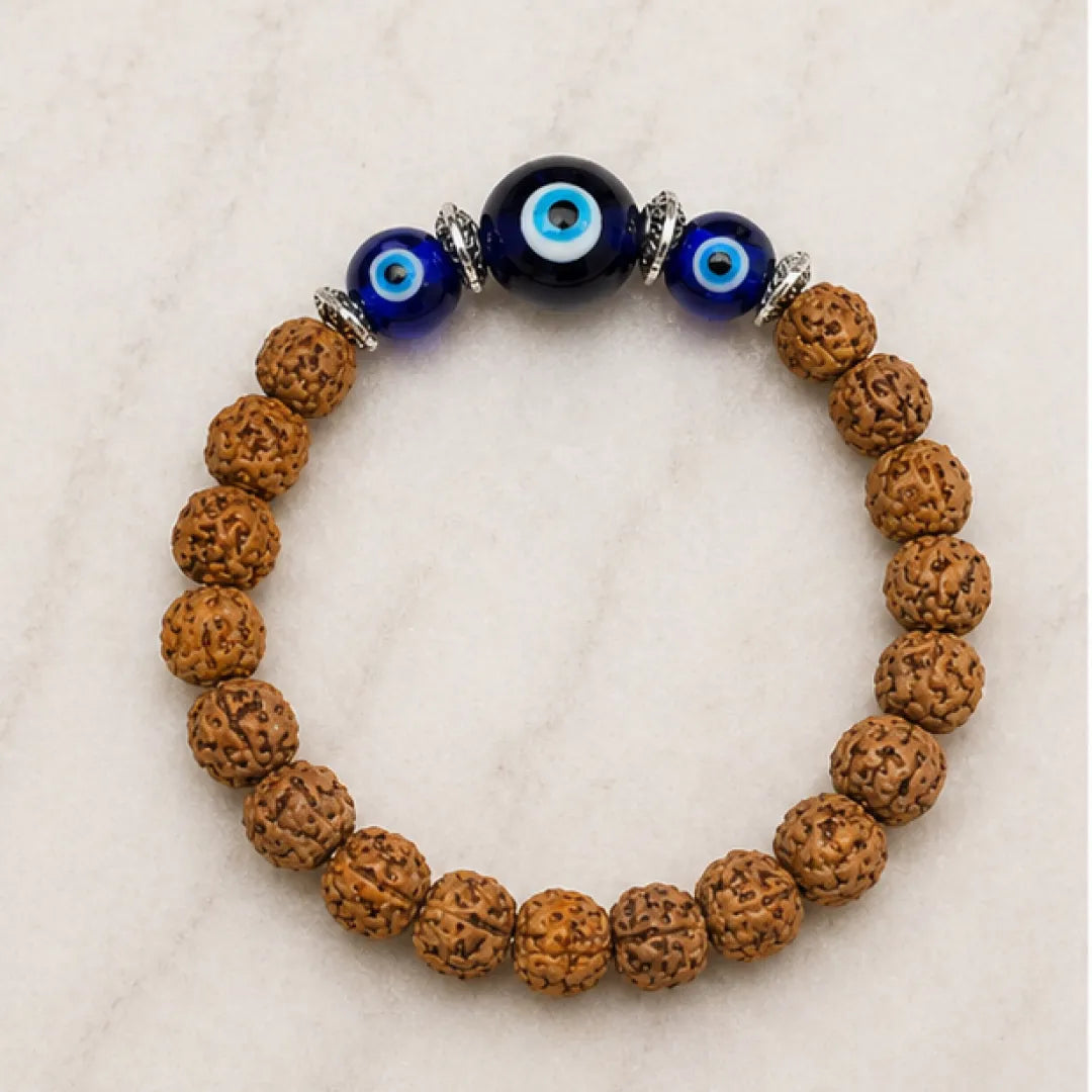 Rudraksha Evil Eye Bracelet – Natural Rudraksha Bracelet with Evil Eye Charm for Protection, Positivity & Spiritual Balance