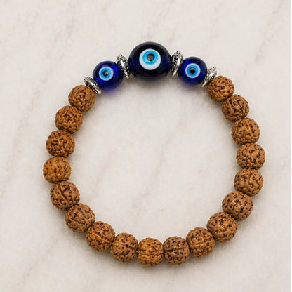 Rudraksha Evil Eye Bracelet – Natural Rudraksha Bracelet with Evil Eye Charm for Protection, Positivity & Spiritual Balance