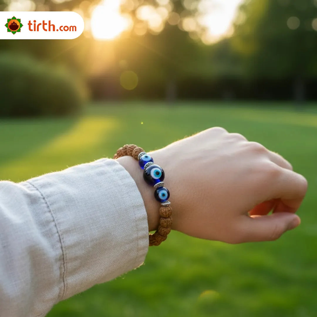 Rudraksha Evil Eye Bracelet – Natural Rudraksha Bracelet with Evil Eye Charm for Protection, Positivity & Spiritual Balance