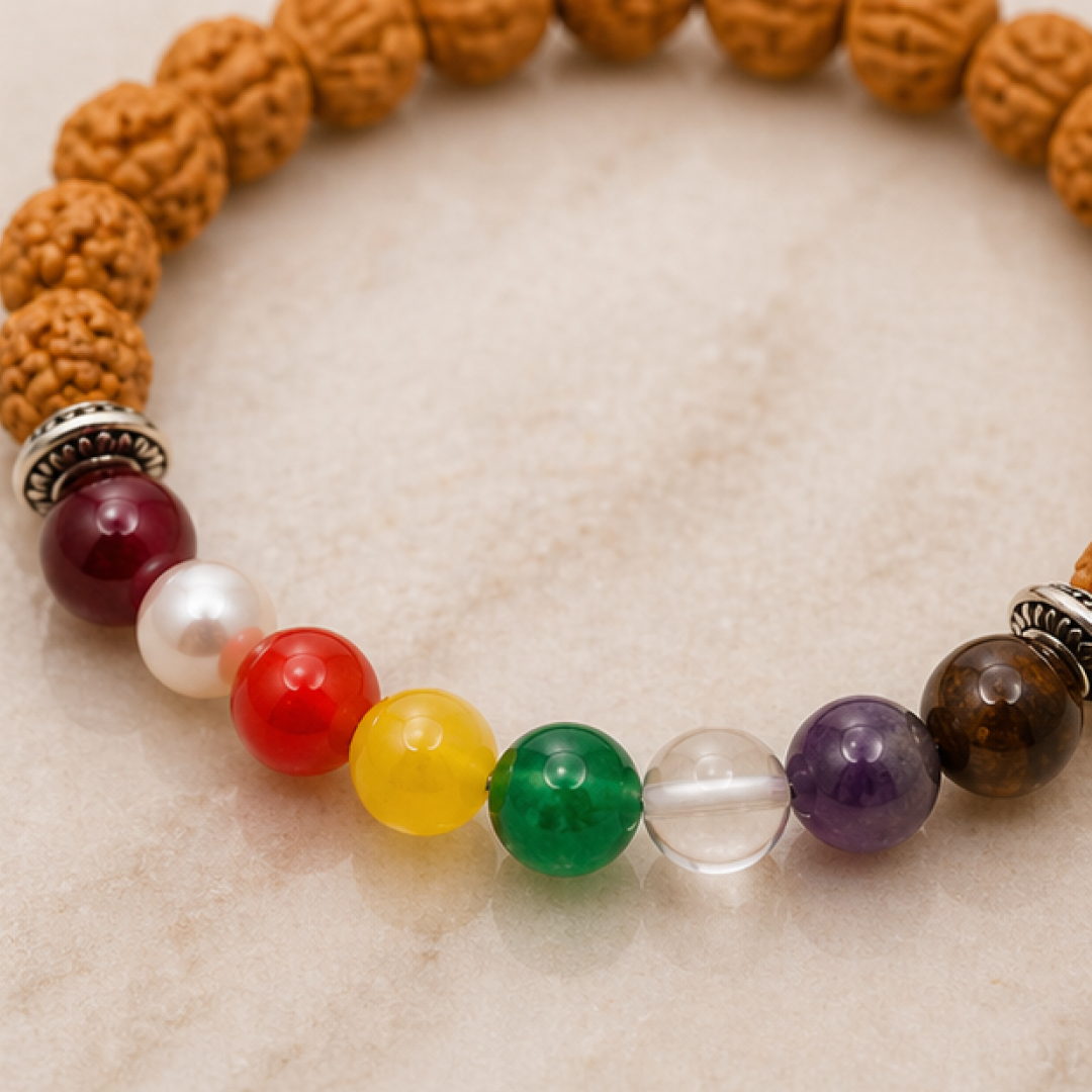 Rudraksha Navratna Bracelet – Natural Rudraksha & Navratna Gemstone Bracelet for Planetary Balance & Spiritual Protection
