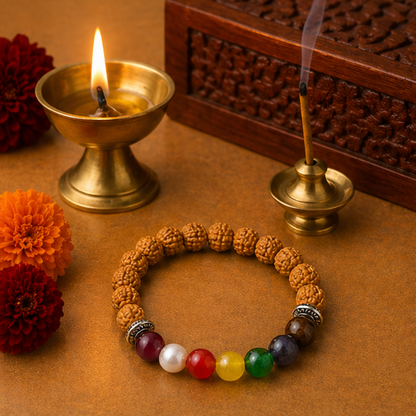 Rudraksha Navratna Bracelet – Natural Rudraksha & Navratna Gemstone Bracelet for Planetary Balance & Spiritual Protection