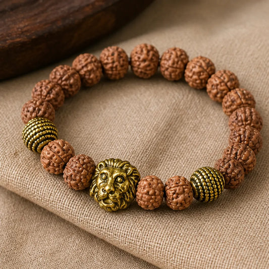 Rudraksha Energy Bracelet with Golden Lion Charm – Natural Rudraksha Power Bracelet for Strength, Confidence & Protection