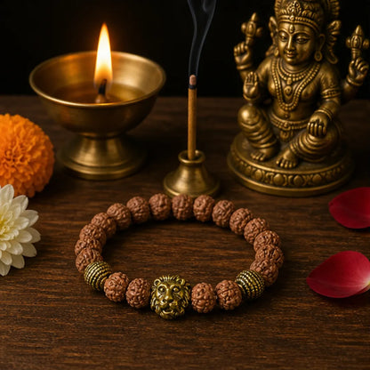 Rudraksha Energy Bracelet with Golden Lion Charm – Natural Rudraksha Power Bracelet for Strength, Confidence & Protection