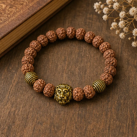 Rudraksha Energy Bracelet with Golden Lion Charm – Natural Rudraksha Power Bracelet for Strength, Confidence & Protection