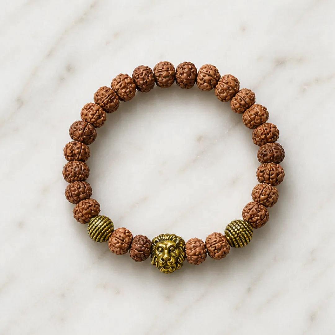 Rudraksha Energy Bracelet with Golden Lion Charm – Natural Rudraksha Power Bracelet for Strength, Confidence & Protection
