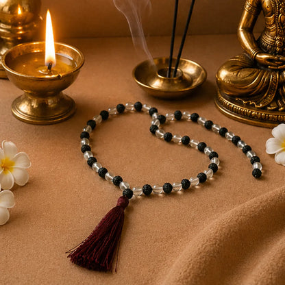 Natural Rudraksha + Sphatik Mala (5mm / 6mm / 7mm) – 108 Bead Rudraksha Crystal Jap Mala for Spiritual Protection & Energy Balance