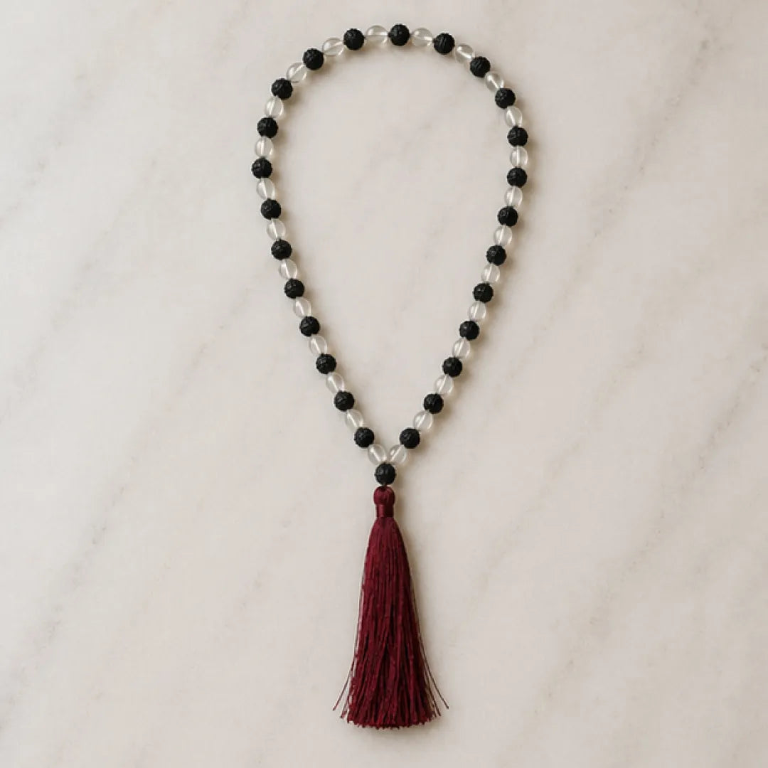 Natural Rudraksha + Sphatik Mala (5mm / 6mm / 7mm) – 108 Bead Rudraksha Crystal Jap Mala for Spiritual Protection & Energy Balance