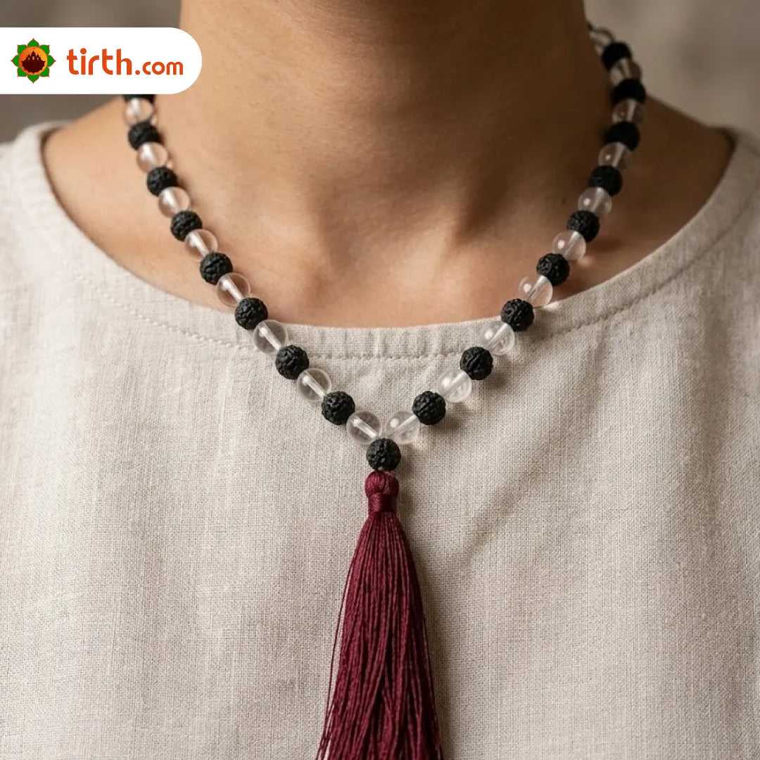 Natural Rudraksha + Sphatik Mala (5mm / 6mm / 7mm) – 108 Bead Rudraksha Crystal Jap Mala for Spiritual Protection & Energy Balance