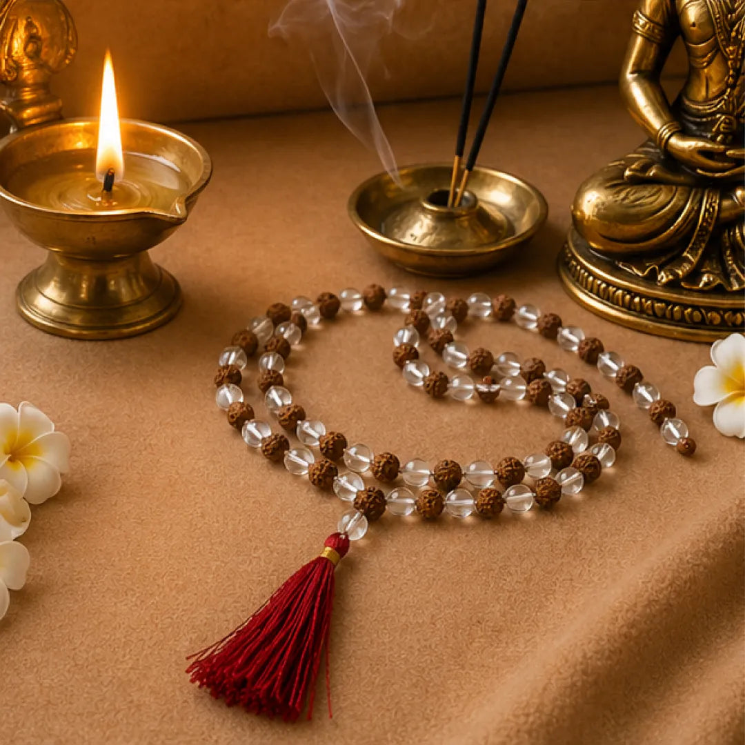 Natural Rudraksha + Sphatik Mala (5mm / 6mm / 7mm) – 108 Bead Rudraksha Crystal Jap Mala for Spiritual Protection & Energy Balance