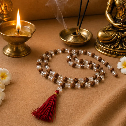 Natural Rudraksha + Sphatik Mala (5mm / 6mm / 7mm) – 108 Bead Rudraksha Crystal Jap Mala for Spiritual Protection & Energy Balance