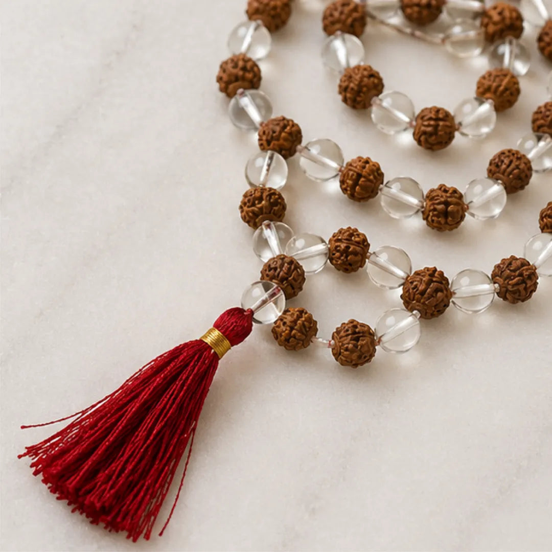 Natural Rudraksha + Sphatik Mala (5mm / 6mm / 7mm) – 108 Bead Rudraksha Crystal Jap Mala for Spiritual Protection & Energy Balance