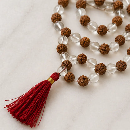 Natural Rudraksha + Sphatik Mala (5mm / 6mm / 7mm) – 108 Bead Rudraksha Crystal Jap Mala for Spiritual Protection & Energy Balance