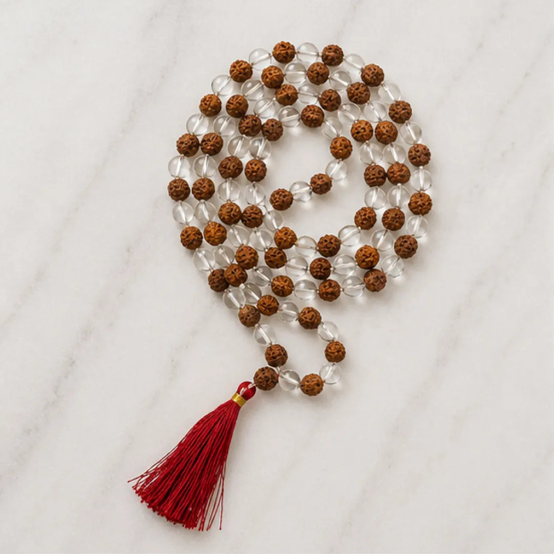 Natural Rudraksha + Sphatik Mala (5mm / 6mm / 7mm) – 108 Bead Rudraksha Crystal Jap Mala for Spiritual Protection & Energy Balance