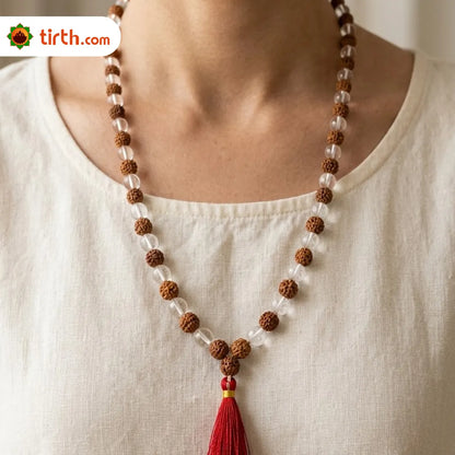 Natural Rudraksha + Sphatik Mala (5mm / 6mm / 7mm) – 108 Bead Rudraksha Crystal Jap Mala for Spiritual Protection & Energy Balance