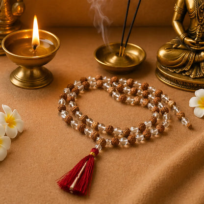 Natural Rudraksha + Sphatik Mala (5mm / 6mm / 7mm) – 108 Bead Rudraksha Crystal Jap Mala for Spiritual Protection & Energy Balance