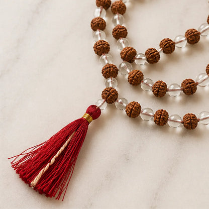 Natural Rudraksha + Sphatik Mala (5mm / 6mm / 7mm) – 108 Bead Rudraksha Crystal Jap Mala for Spiritual Protection & Energy Balance