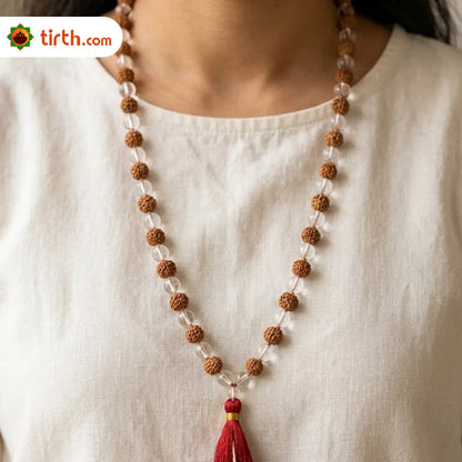 Natural Rudraksha + Sphatik Mala (5mm / 6mm / 7mm) – 108 Bead Rudraksha Crystal Jap Mala for Spiritual Protection & Energy Balance