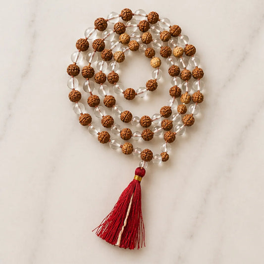 Natural Rudraksha + Sphatik Mala (5mm / 6mm / 7mm) – 108 Bead Rudraksha Crystal Jap Mala for Spiritual Protection & Energy Balance