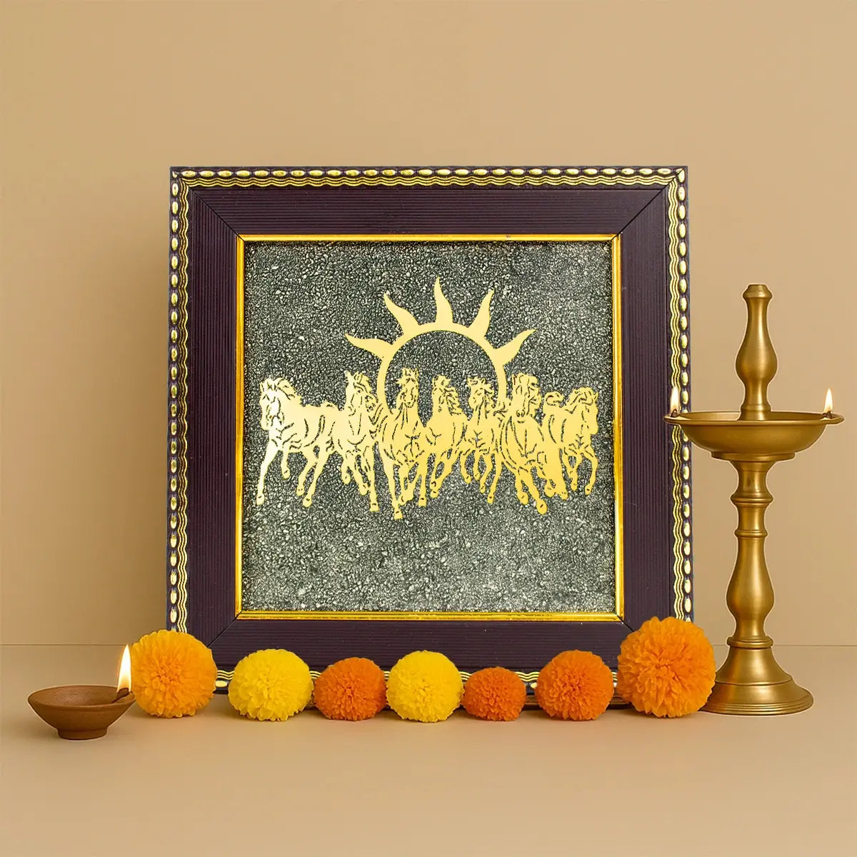 Tirth 7 Horses on Raw Pyrite Frame for Wealth & Success